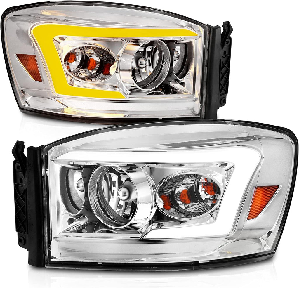 Chrome LED Tube Replacement Headlights for Ram Truck 1500 2500 3500 B698