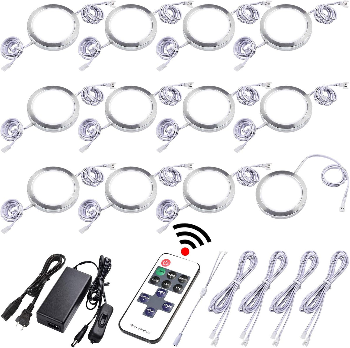 Under Cabinet LED Puck Lights, Dimmable Wireless RF Remote Control, Linkable Wired, AC120V to DC12V, Hardwired or Wall Plug, 14 Lights, Warm White H530