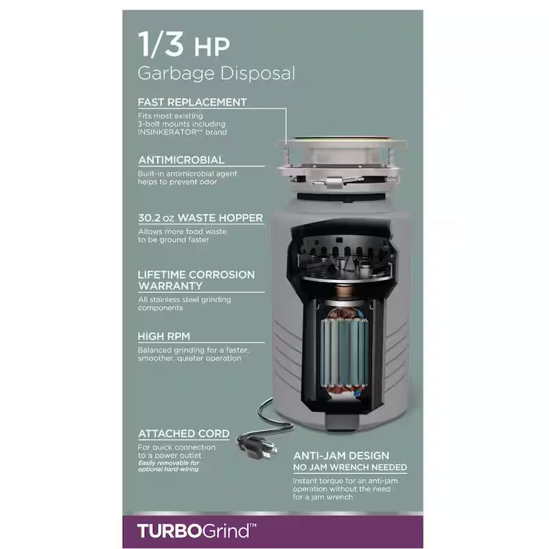 1/3 hp Continuous Feed Garbage Disposal with Power Cord E86806