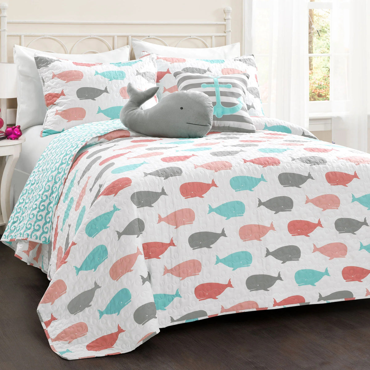 Pink/Aqua Twin Reversible Quilt 4-Pc Set F6359