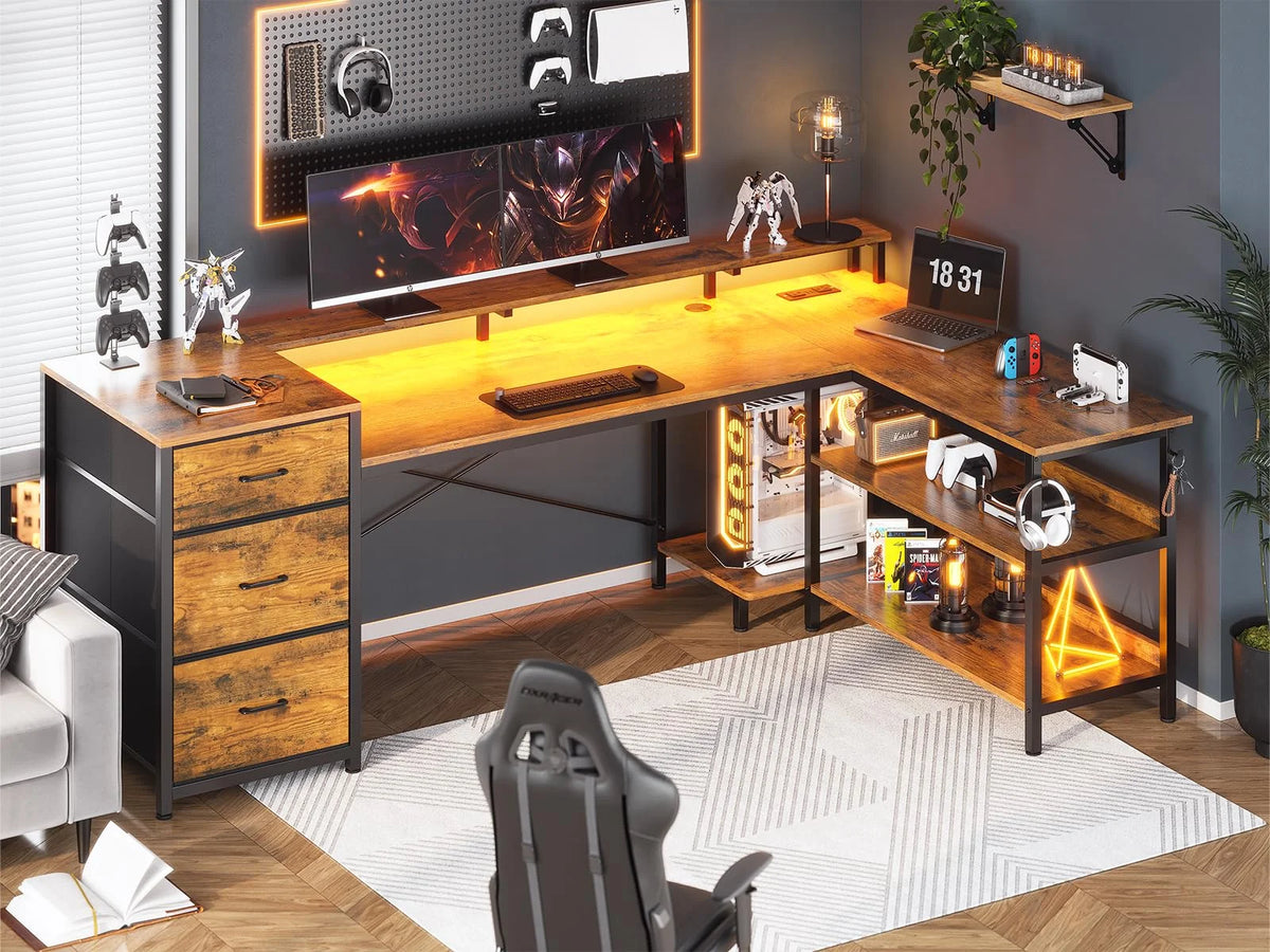 L Shaped Desk with LED Light, 67" Home Office Desk with 2 File Drawer and Power Outlet, Monitor Shelf, Storage Shelves, Brown U281