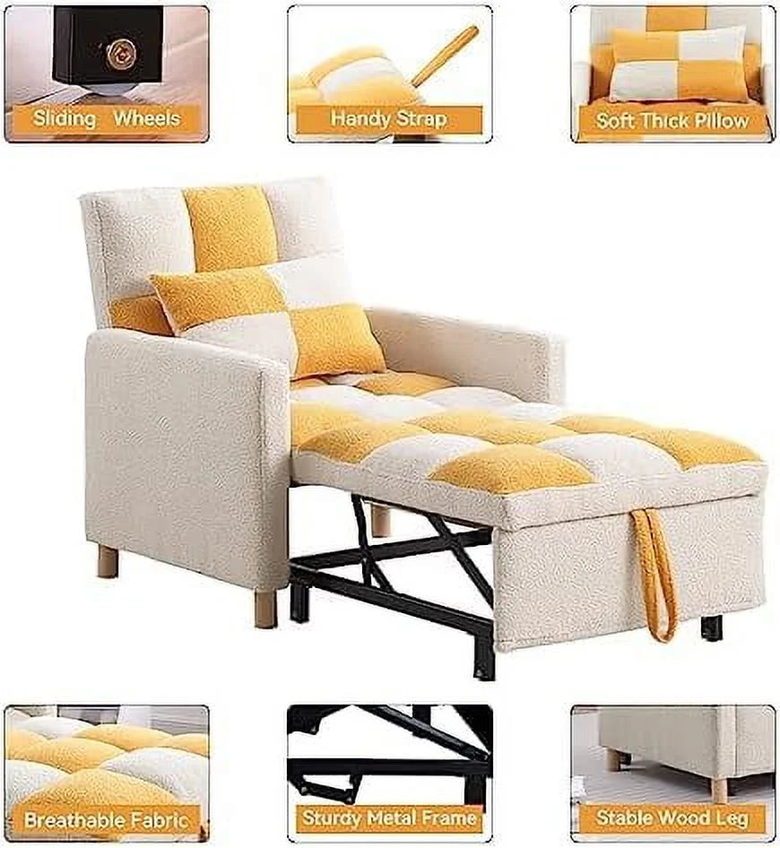 Black Convertible Sleeper Chair Bed with Pillow and Adjustable Backrest W1439