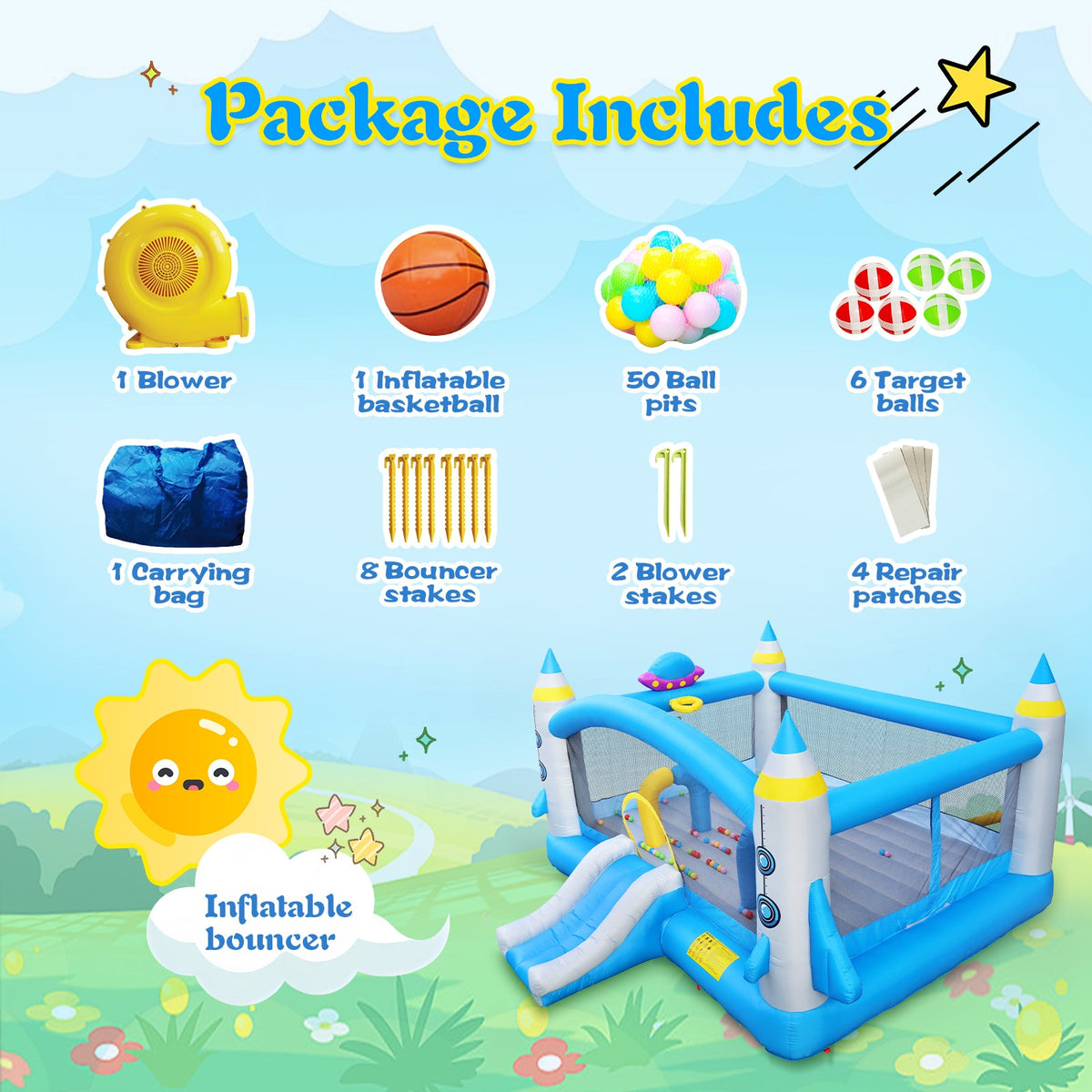 Inflatable Bouncer with Blower, 198" x 180" Play Area, 96" Tall L5168