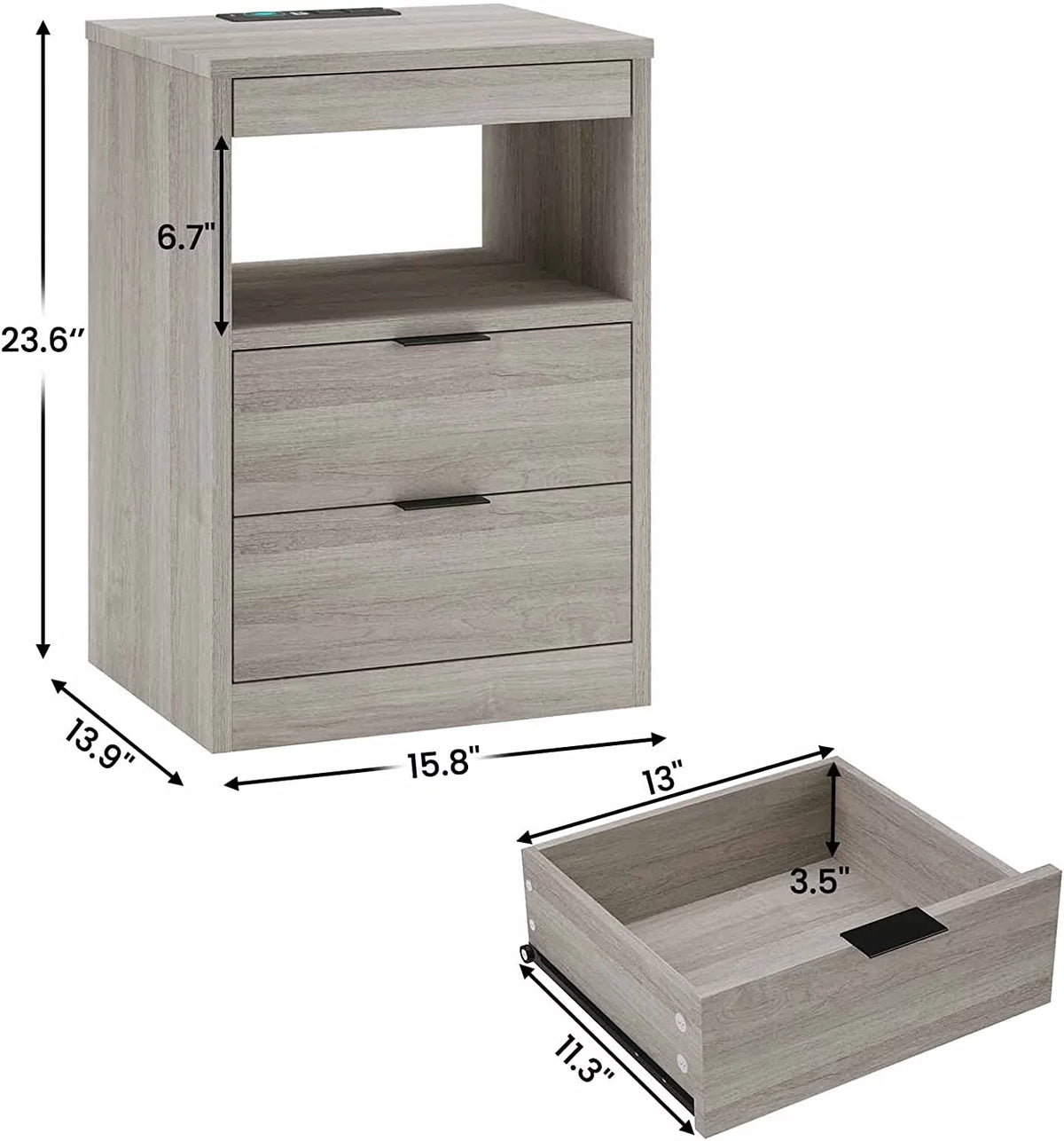 Gray Nightstand with Wireless Charging Station and LED Lights P4372