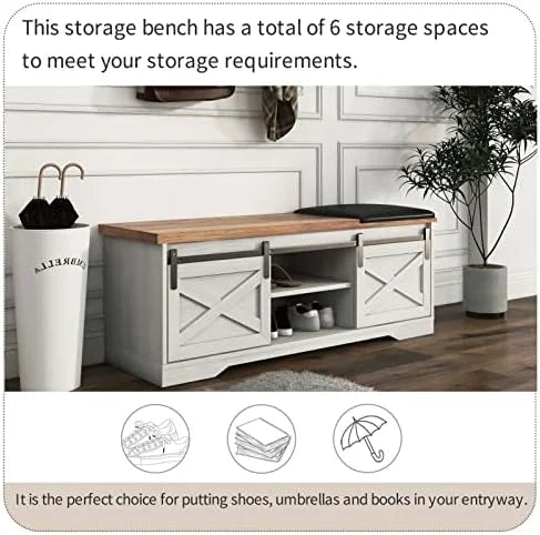 42” Rustic Solid Wood Shoe Bench with Linen Cushion K8651