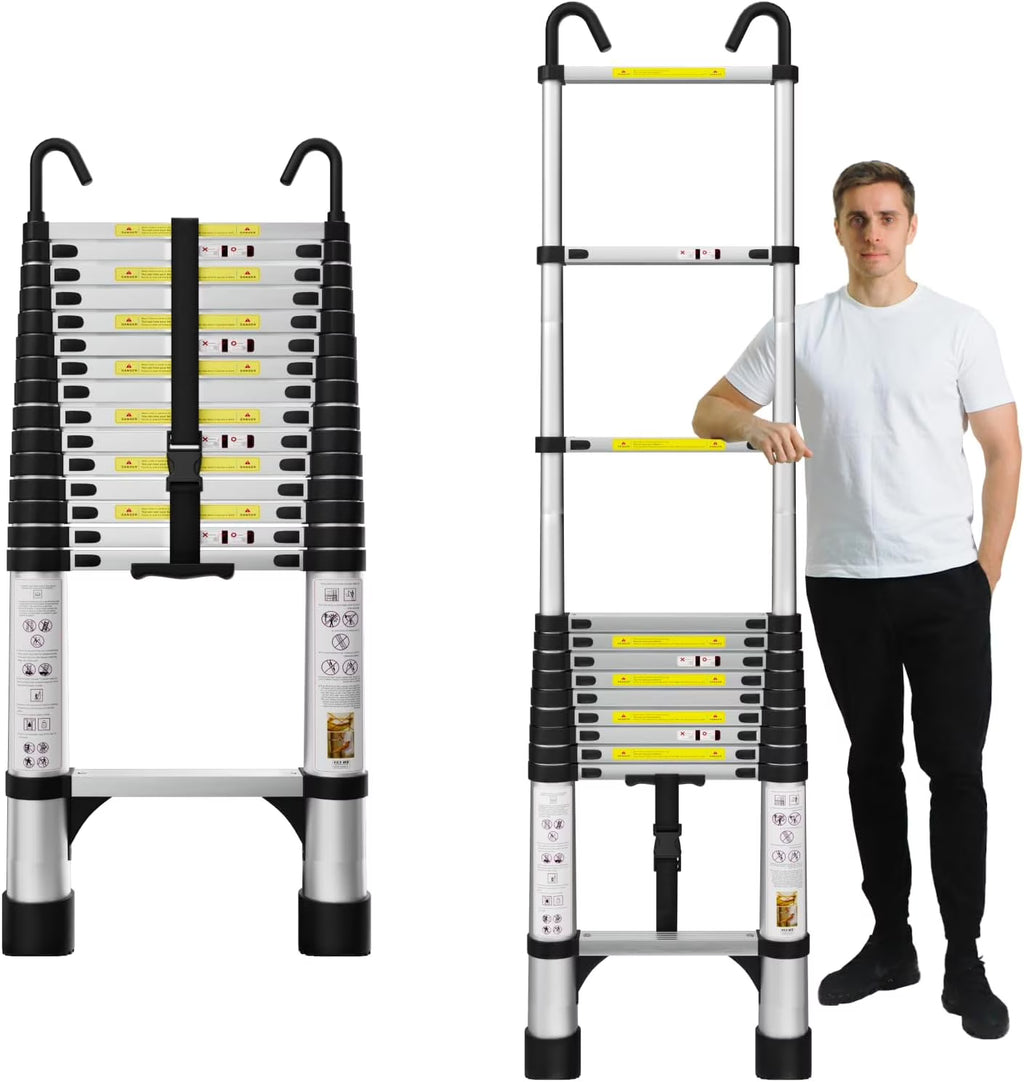 12.5FT Aluminum Telescoping Extension Ladder with Hooks & Stabilizers U59244
