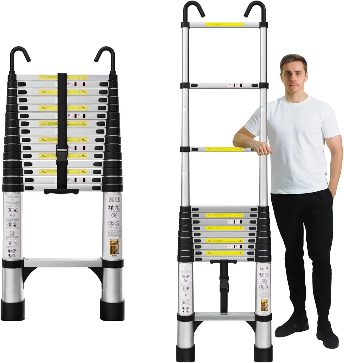 12.5FT Aluminum Telescoping Extension Ladder with Hooks & Stabilizers U59244