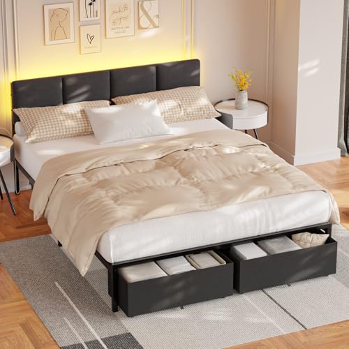 Queen Size Upholstered Platform Bed Frame with Headboard and Storage Drawer W303