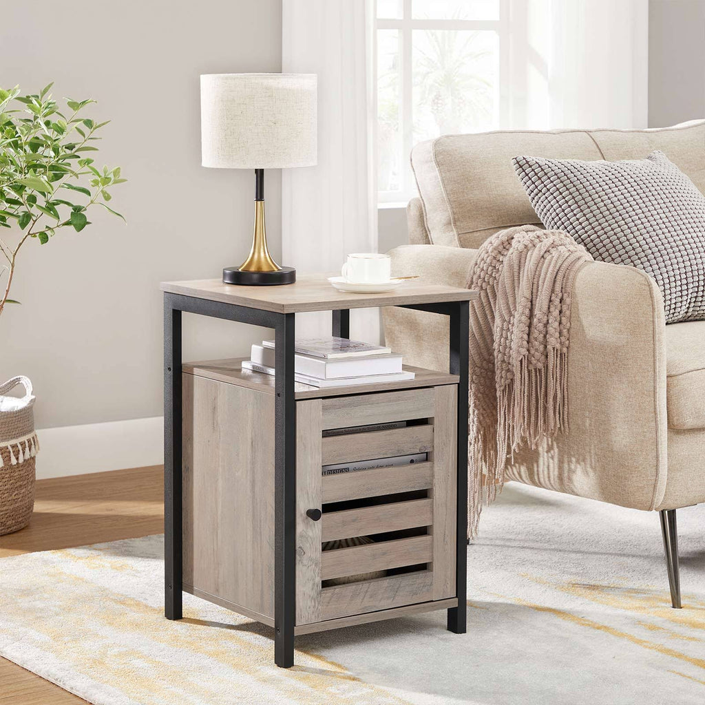 Greige Nightstand End Table with Cabinet and Shelf R4165