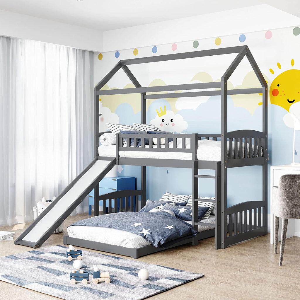 Twin Over Twin Metal Bunk Bed with Slide and Integrated Ladder J634