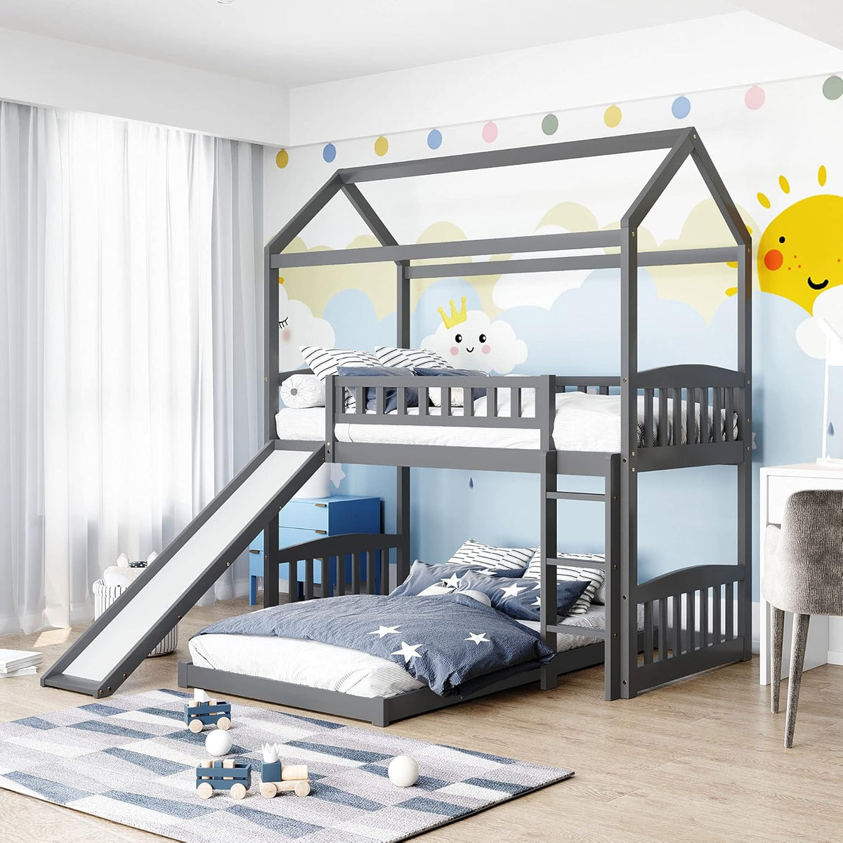 Twin Over Twin Metal Bunk Bed with Slide and Integrated Ladder J634