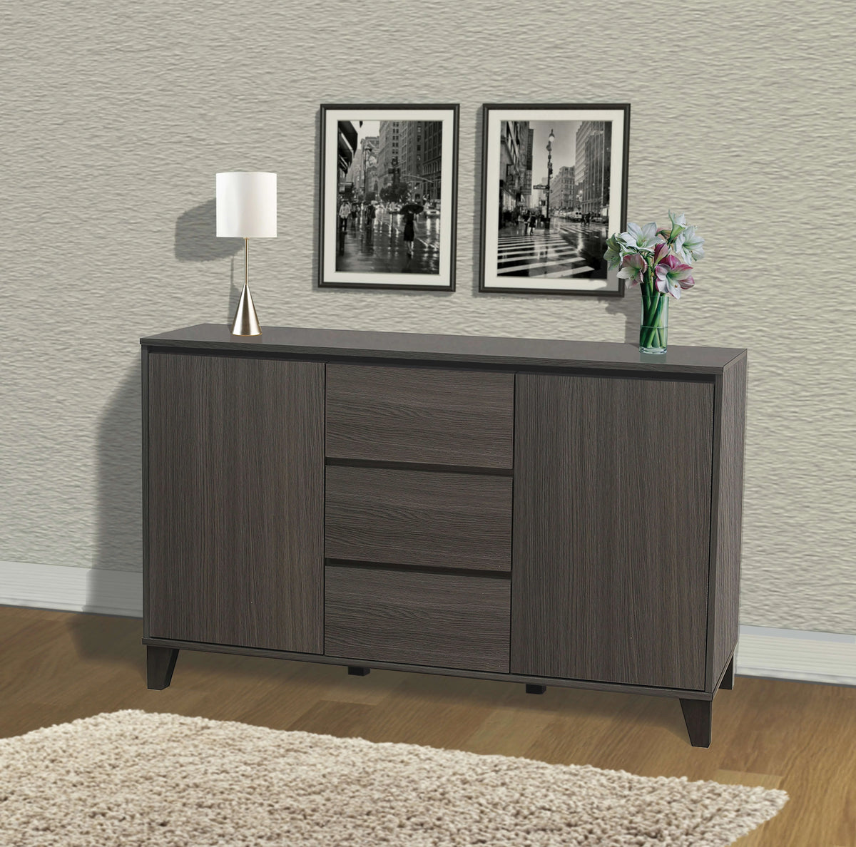 Wood Buffet Server Cabinet with 2 Doors & 3 Drawers M98374
