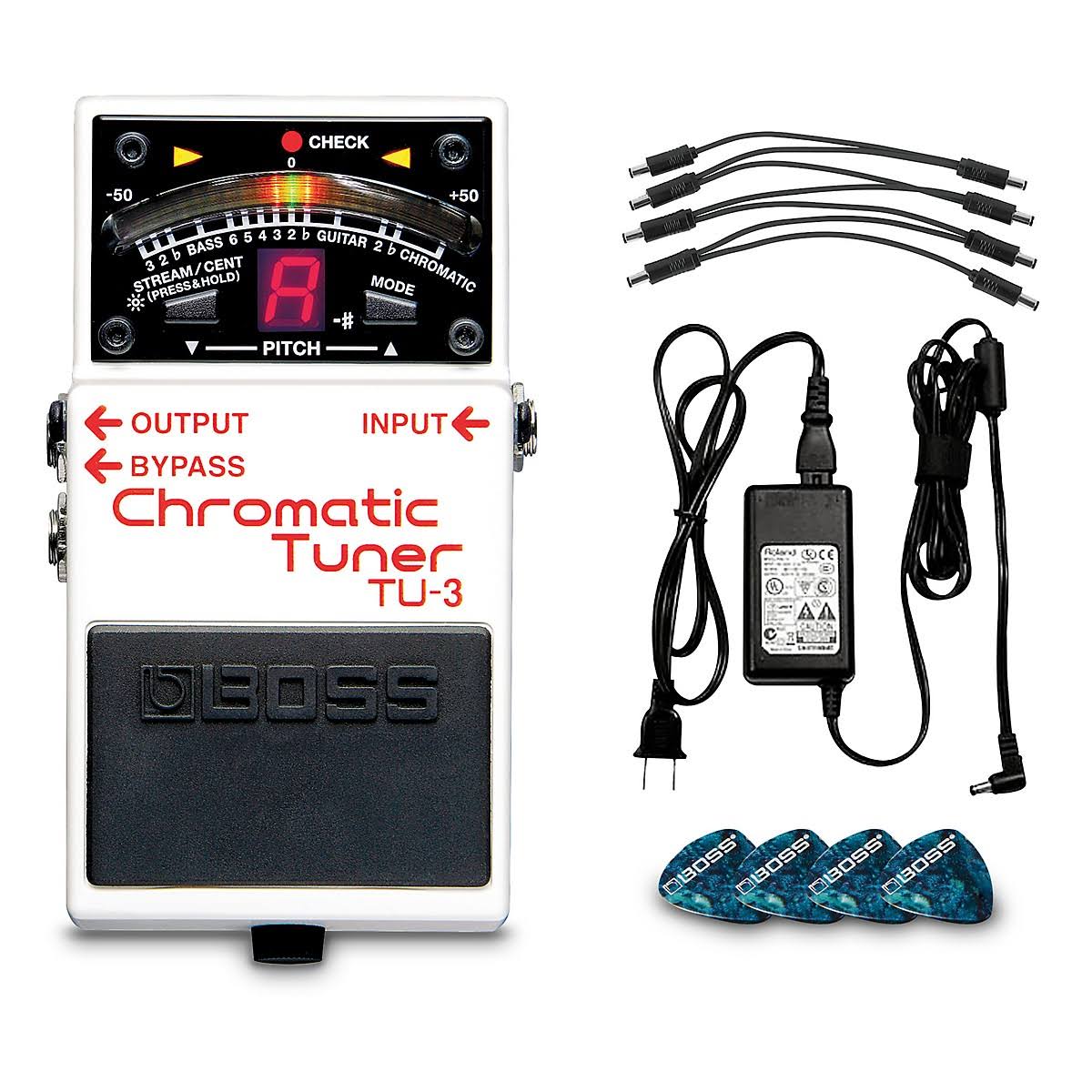 Pedal Power Solution Bundle with Chromatic Tuner, AC Adapter, Daisy Chain and 12 Picks H531