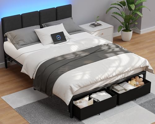 Queen Size Upholstered Platform Bed Frame with Headboard and Storage Drawer W303