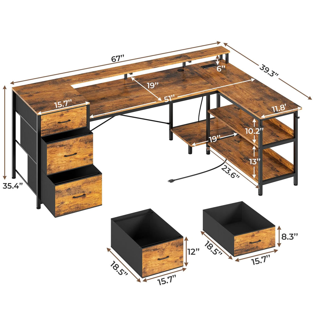 L Shaped Desk with LED Light, 67" Home Office Desk with 2 File Drawer and Power Outlet, Monitor Shelf, Storage Shelves, Brown U281