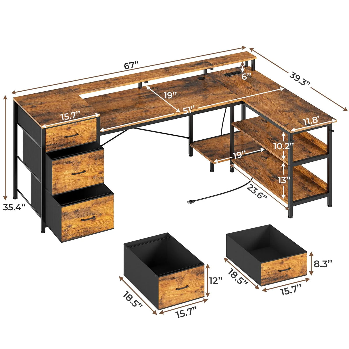 L Shaped Desk with LED Light, 67" Home Office Desk with 2 File Drawer and Power Outlet, Monitor Shelf, Storage Shelves, Brown U281