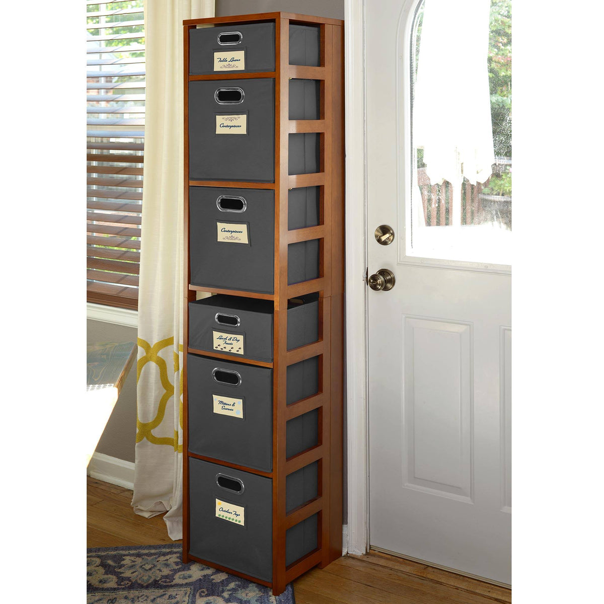 Cherry Grey Square Folding Bookcase with Fabric Bins F8820