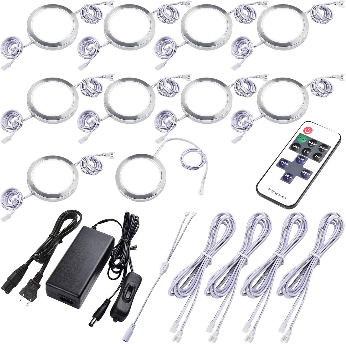 Under Cabinet LED Puck Lights, Dimmable Wireless RF Remote Control, Linkable Wired, AC120V to DC12V, Hardwired or Wall Plug, 14 Lights, Warm White H530