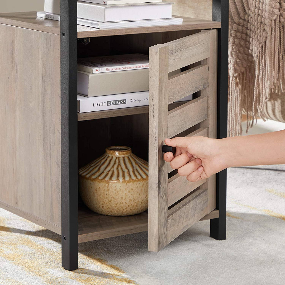 Greige Nightstand End Table with Cabinet and Shelf R4165