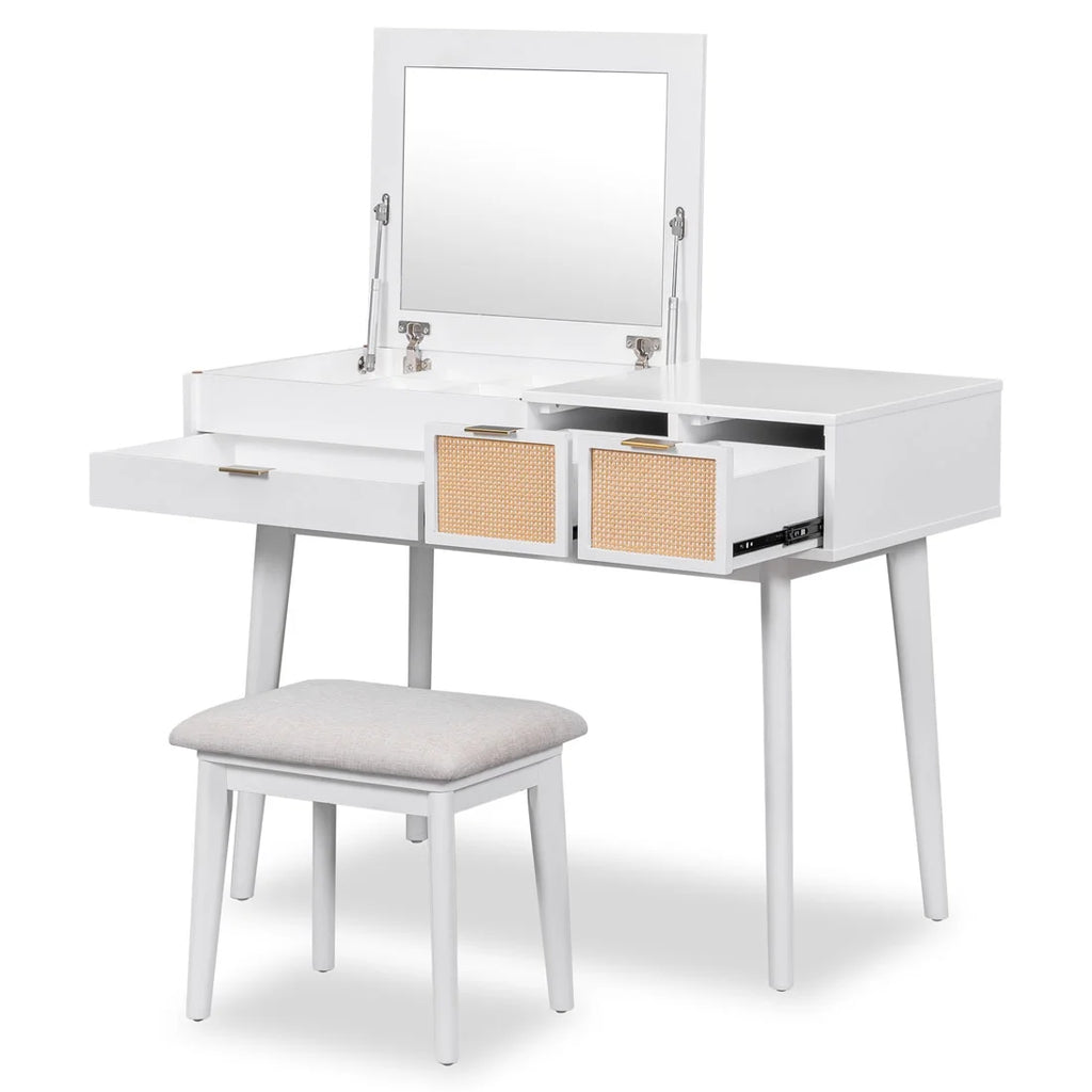 43.3" Wood Makeup Vanity Set with Flip-top Mirror and Stool O633355
