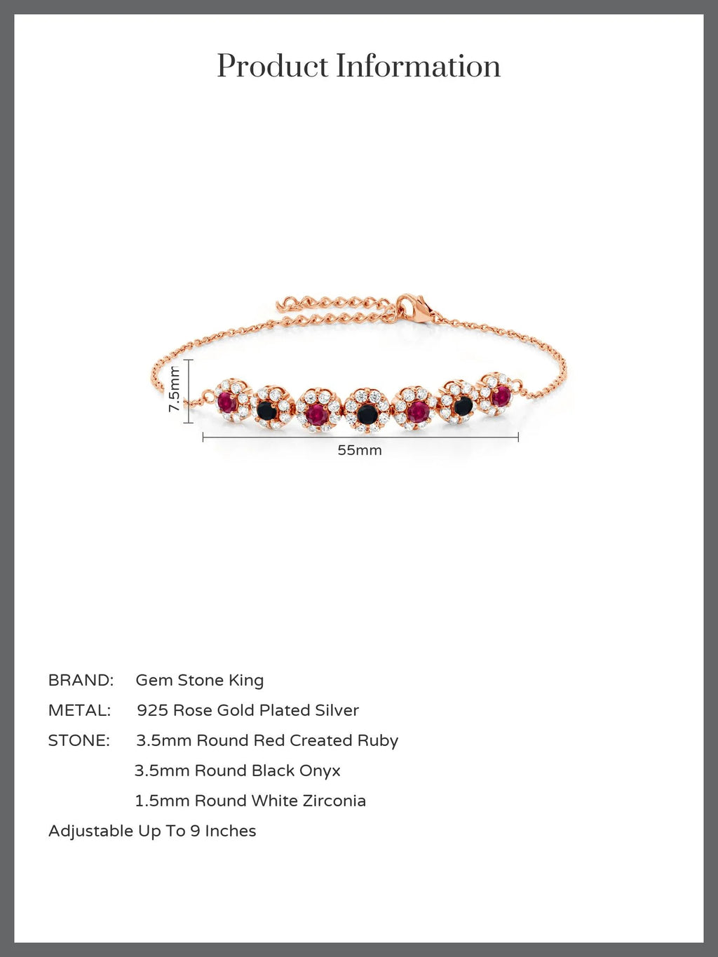 18K Rose Gold Plated Silver Red Created Ruby and Black Onyx Tennis Bracelet E85507