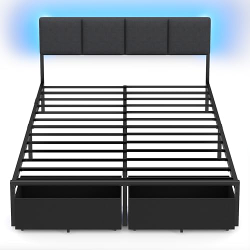 Queen Size Upholstered Platform Bed Frame with Headboard and Storage Drawer W303