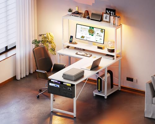 53 Inch L Shaped Desk with LED Lighting and Power Outlets F1772