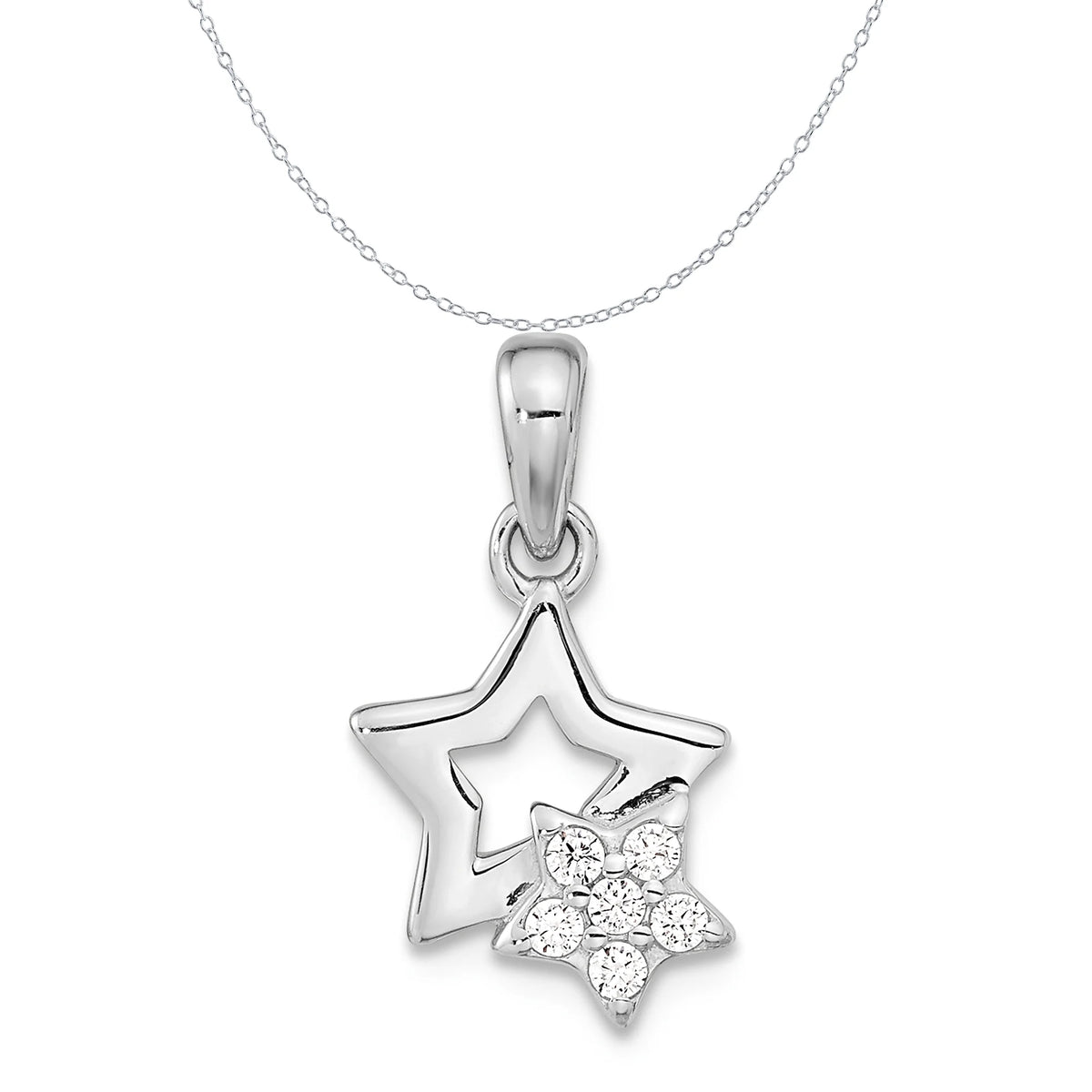 Sterling Silver Rhodium-Plated CZ Star Charm Pendant with Cable Chain Necklace 18'' I8886