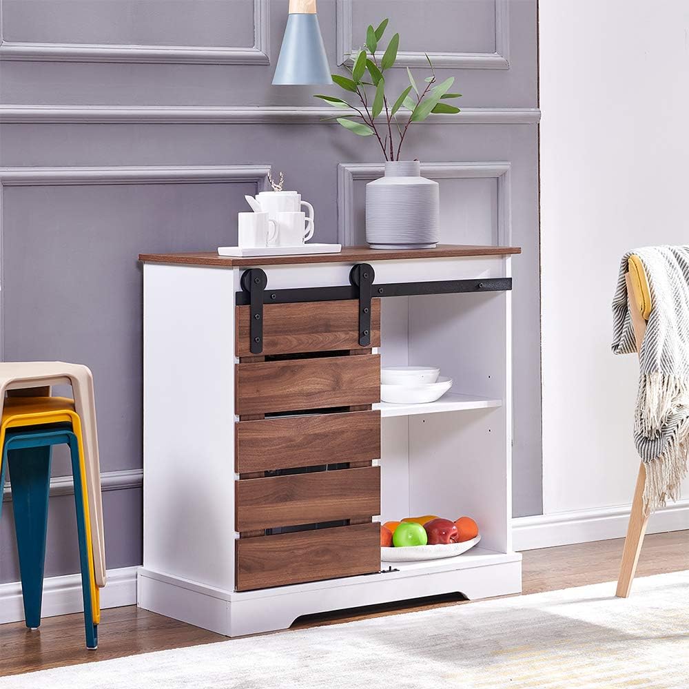White+Dark Walnut Barn Door Buffet Console Table with Sliding Door J1755