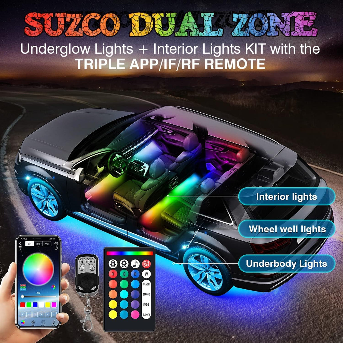 12-pods LED RGB Neon Underglow Rock Lights Kit with 4-Pcs Interior Light Kit, 192LEDs Waterproof 12V E844