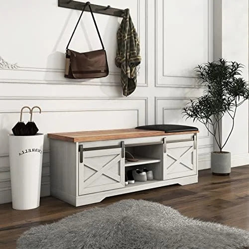 42” Rustic Solid Wood Shoe Bench with Linen Cushion K8651