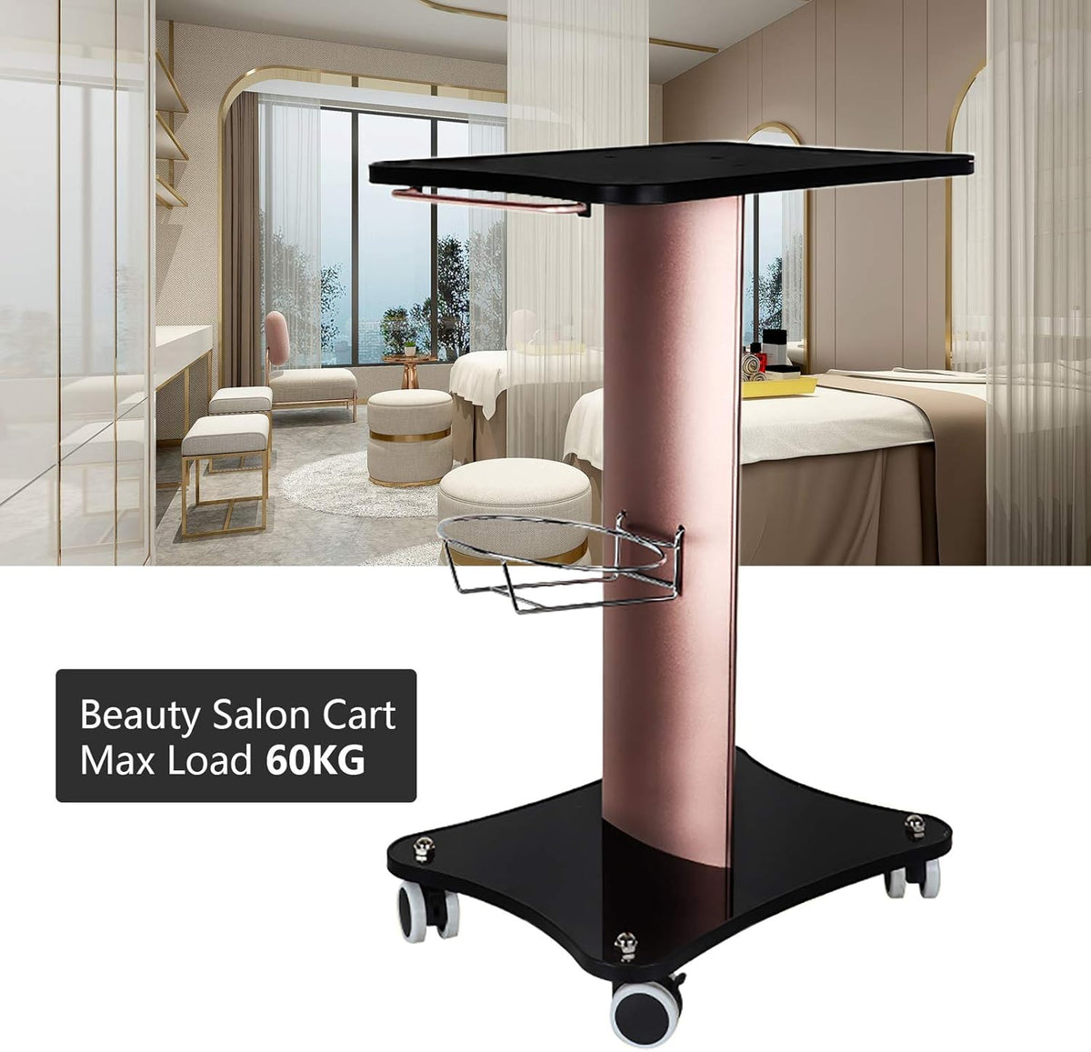 Black Aluminum Alloy Rolling Salon Cart with Stainless Steel Mesh Disk N8718