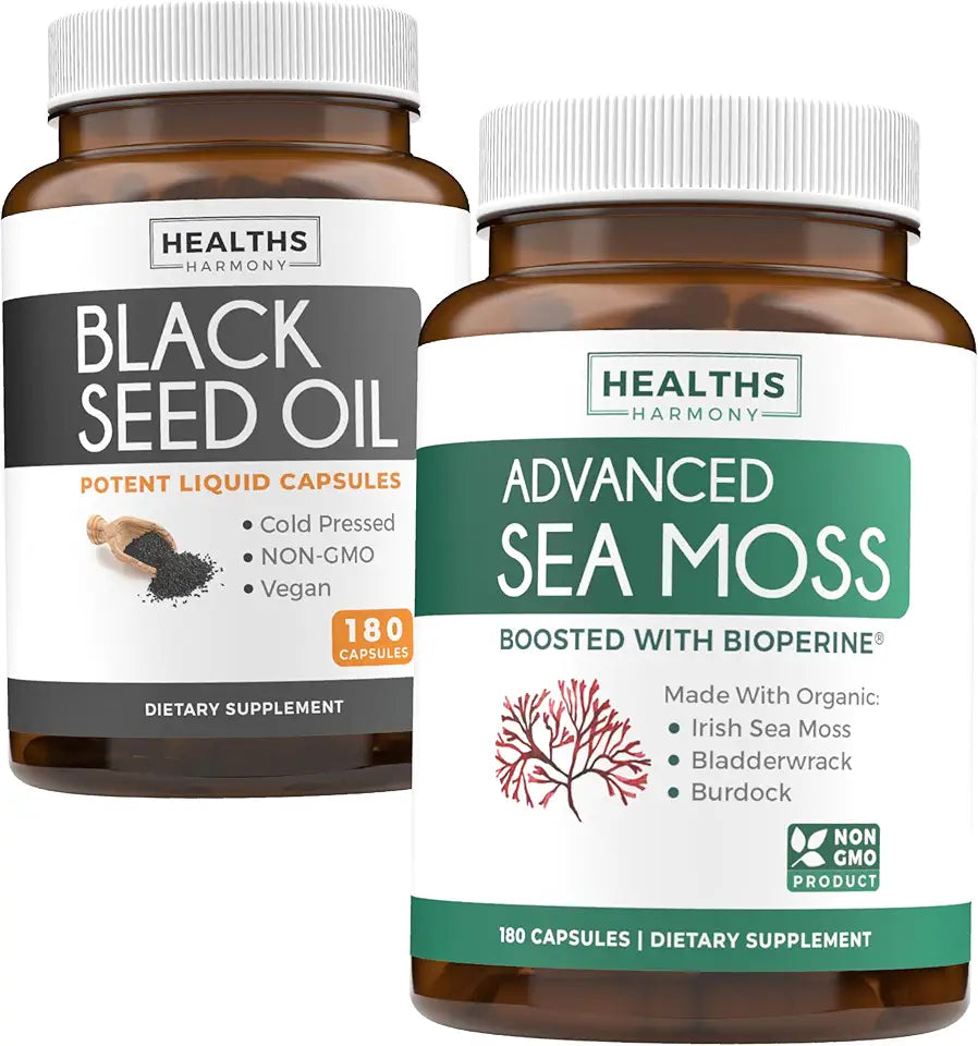 Black Seed Oil & Irish Sea Moss 360 Capsules with Bioperine and Bladderwrack E13924