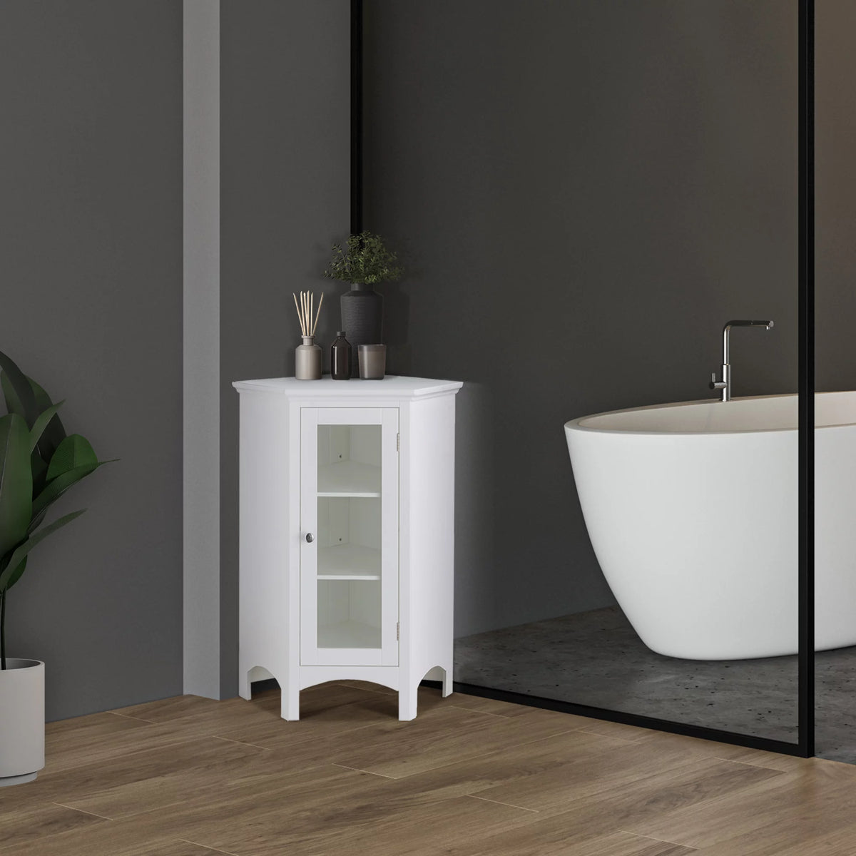 Wooden Corner Floor Cabinet with Glass Door White L851