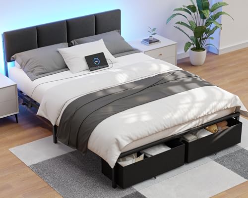 Queen Size Upholstered Platform Bed Frame with Headboard and Storage Drawer W303