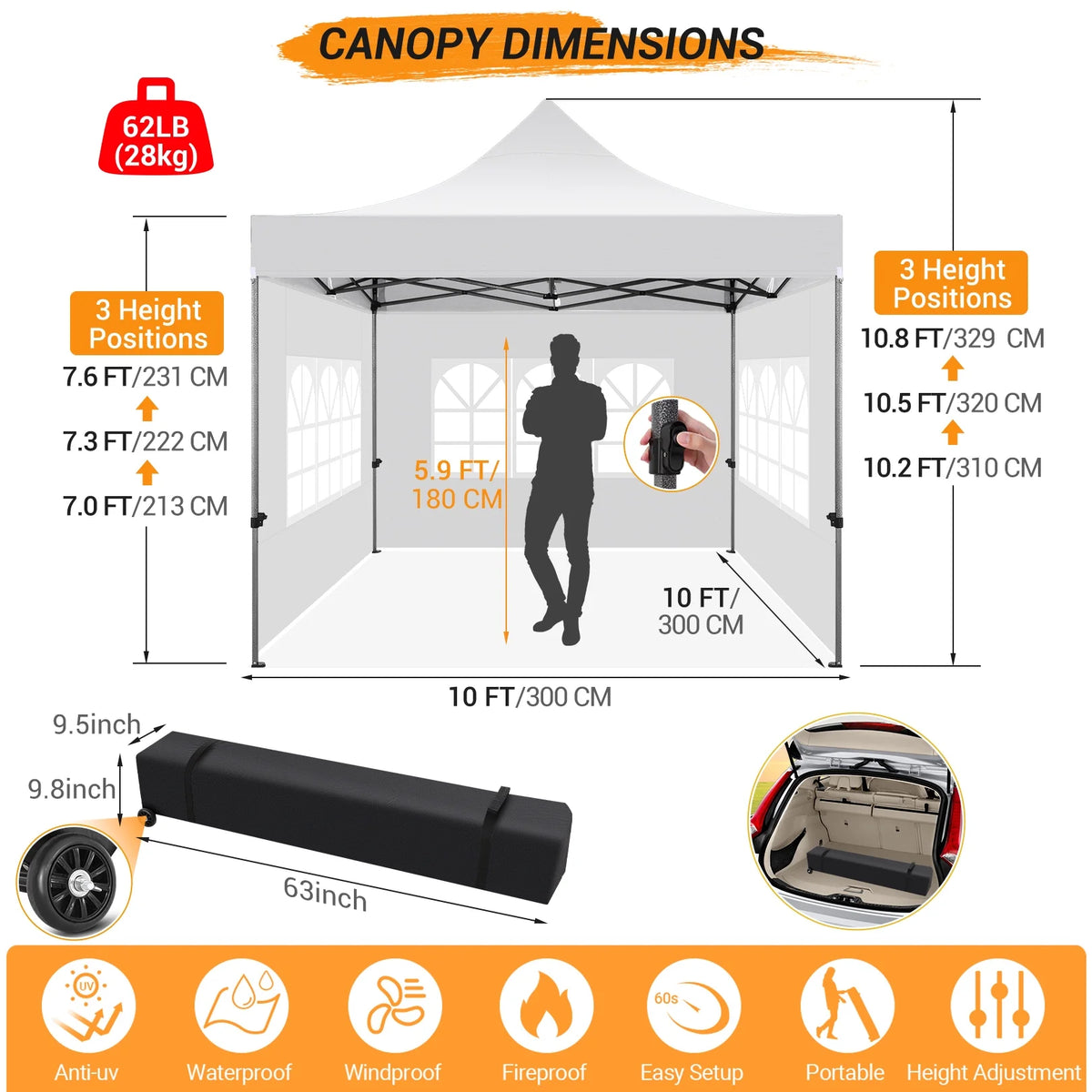 10x10 FT Pop Up Canopy Tent with 4 Removable Sidewalls, Roller Bag and 4 Sandbags, White I4767