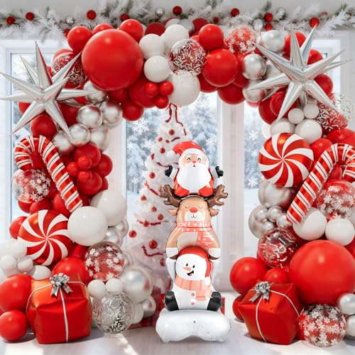 Christmas Balloon Garland Arch Kit with Red White Silver Confetti Foil Balloons Y4827