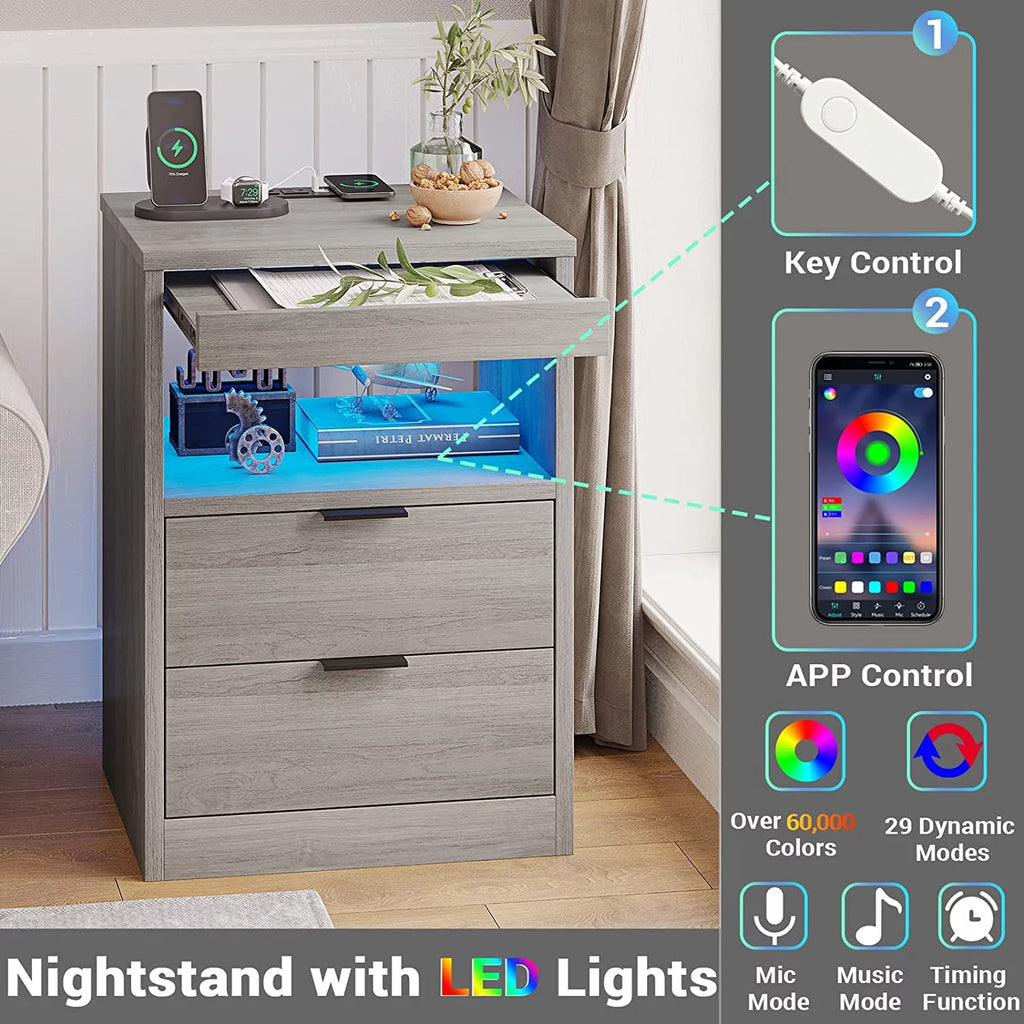 Gray Nightstand with Wireless Charging Station and LED Lights P4372