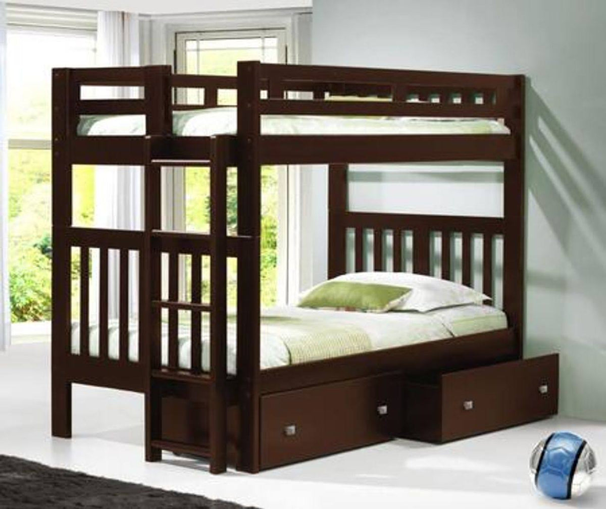 Twin/Twin Mission Bunk Bed with Dual Underbed Drawers in Cappuccino M383999