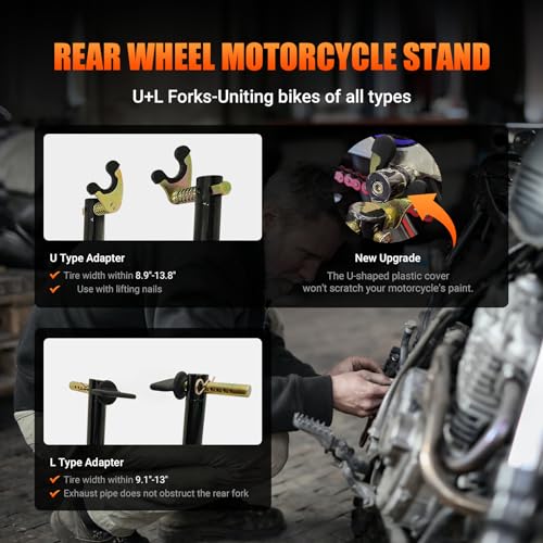 Motorcycle Rear Wheel Stand with U + L Fork Swingarm Spool, 850lbs Capacity A248832