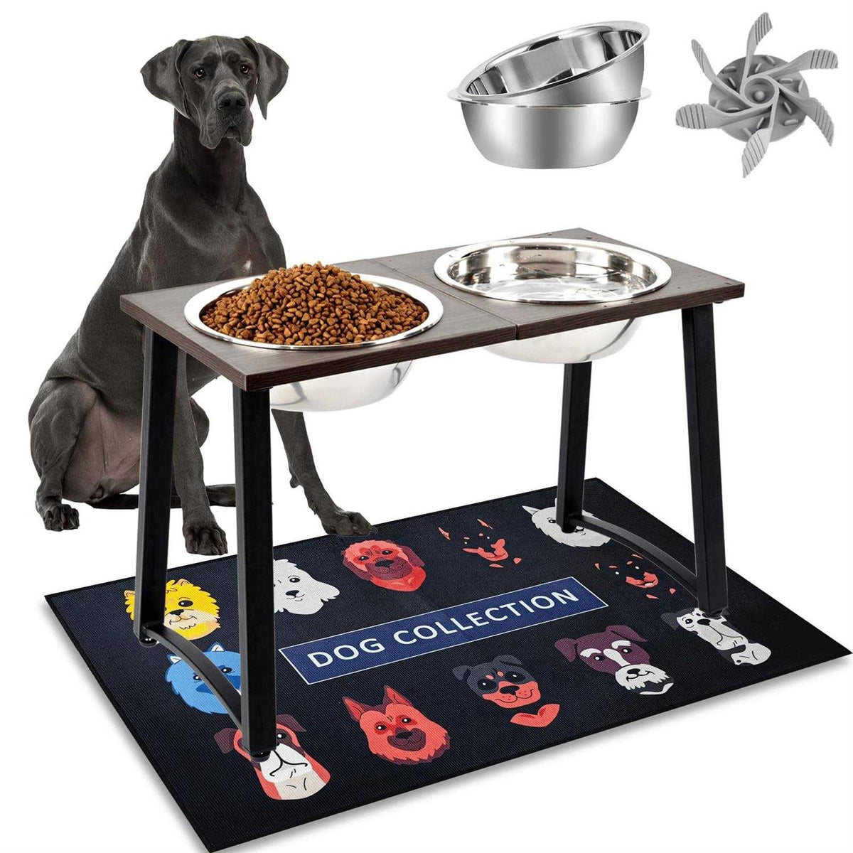 Elevated Dog Bowls with 2 Stainless Steel Bowls and Slow Feeder O153