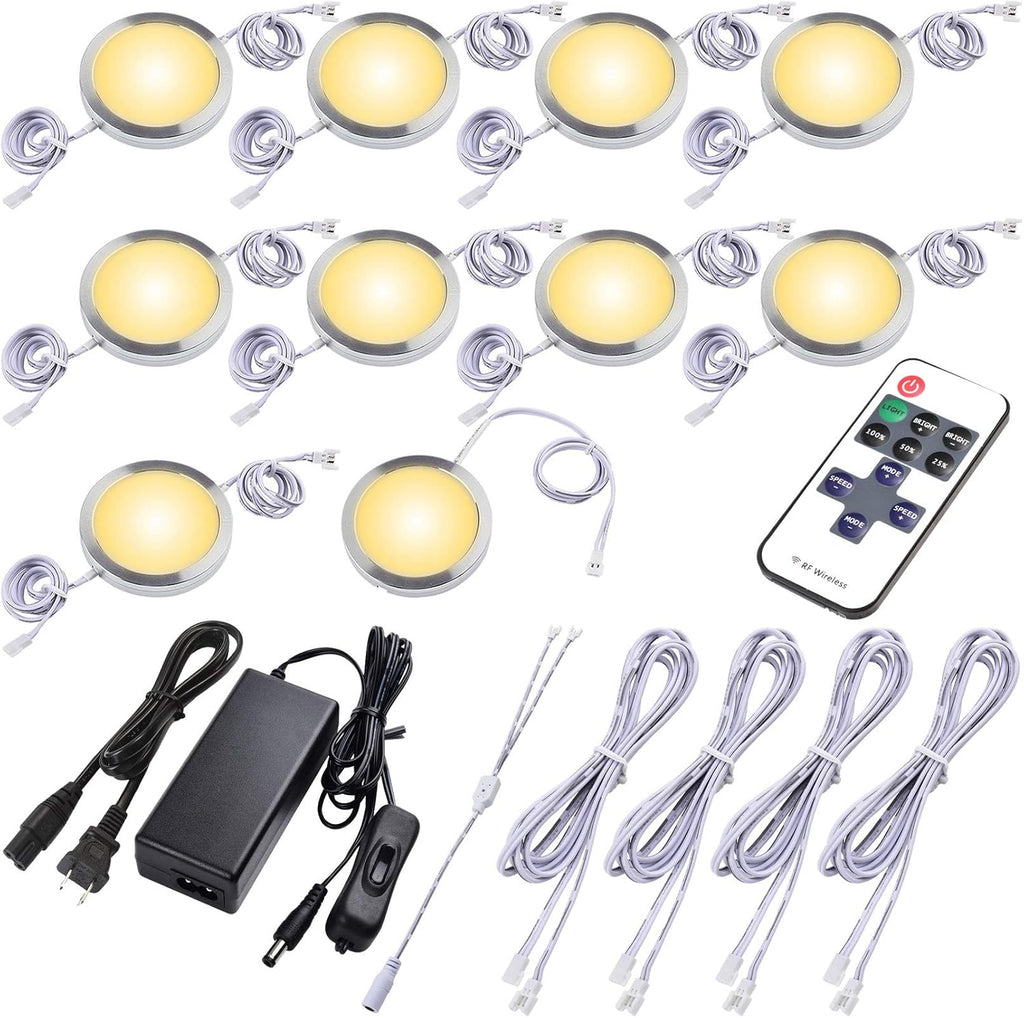 Under Cabinet LED Puck Lights, Dimmable Wireless RF Remote Control, Linkable Wired, AC120V to DC12V, Hardwired or Wall Plug, 14 Lights, Warm White H530