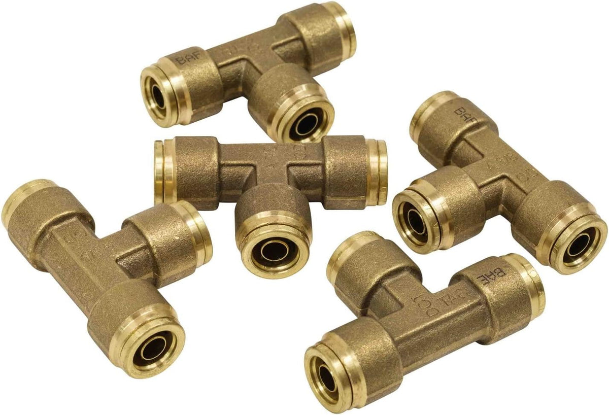 Brass Push to Connect Union Tee Air Brake Tube Fitting, 1/2" Tube OD, 5 Pack D409392