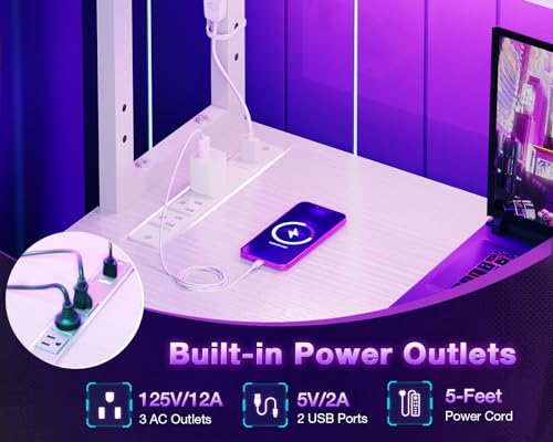 53 Inch L Shaped Desk with LED Lighting and Power Outlets F1772