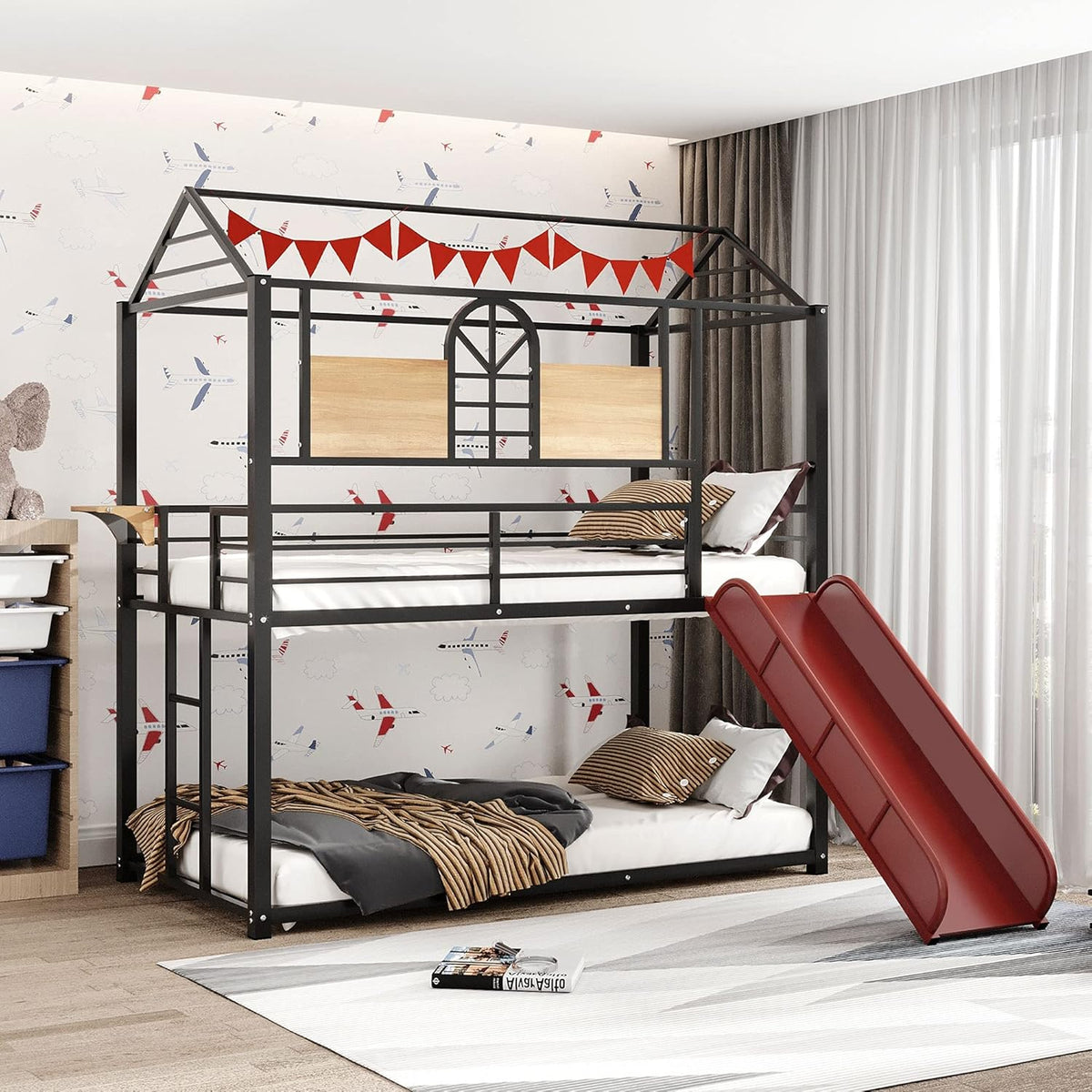 Twin Over Twin Metal Bunk Bed with Slide and Integrated Ladder J634