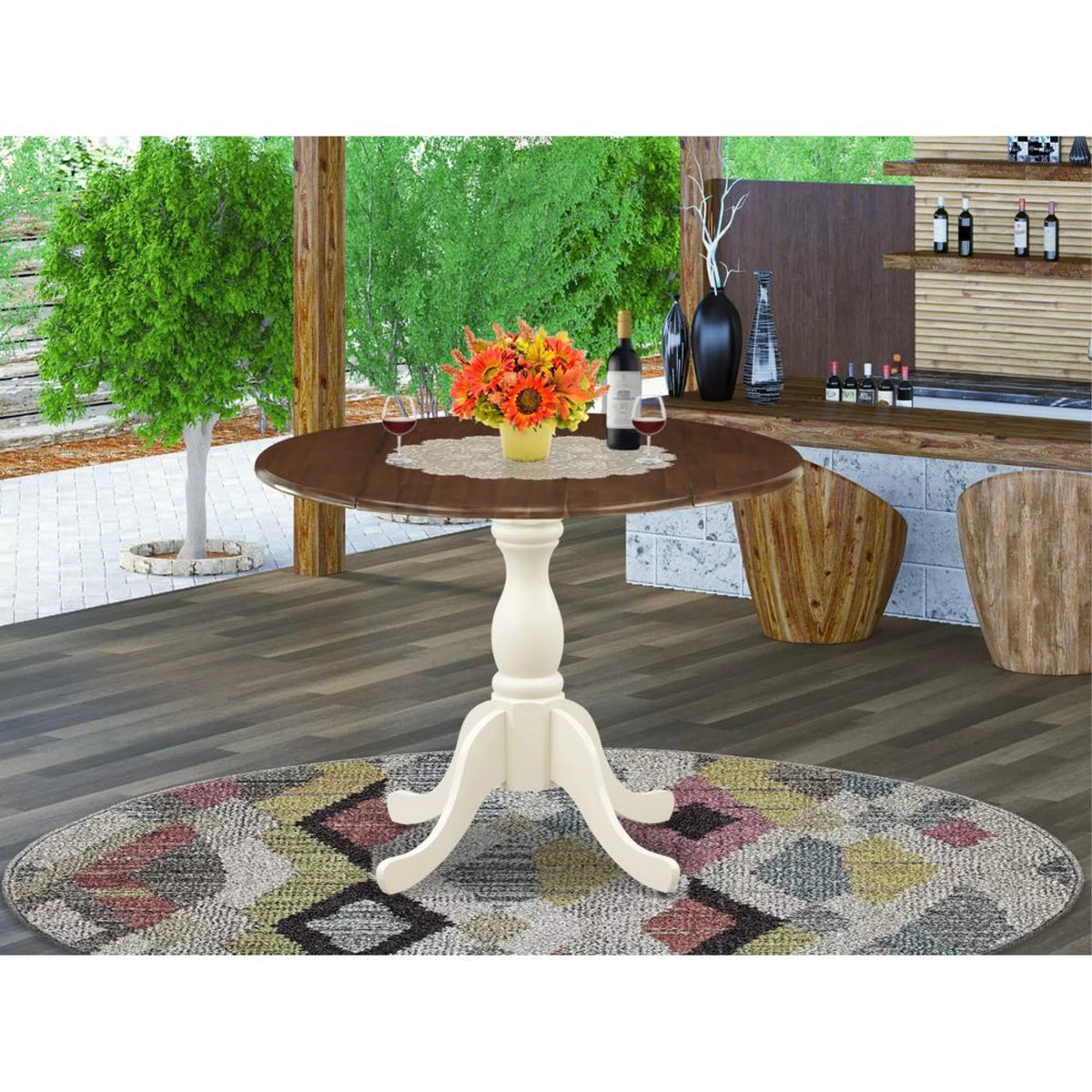 Drop Leaf Kitchen Table with Walnut Top and Linen White Pedestal Leg K80352