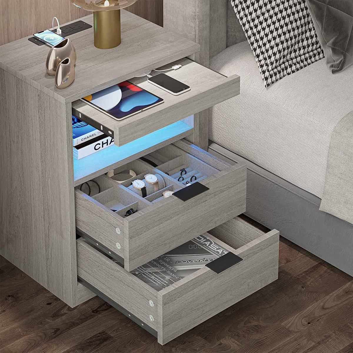 Gray Nightstand with Wireless Charging Station and LED Lights P4372