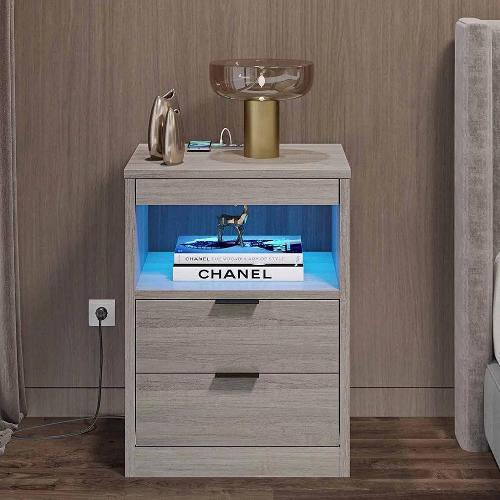 Gray Nightstand with Wireless Charging Station and LED Lights P4372