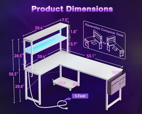 53 Inch L Shaped Desk with LED Lighting and Power Outlets F1772