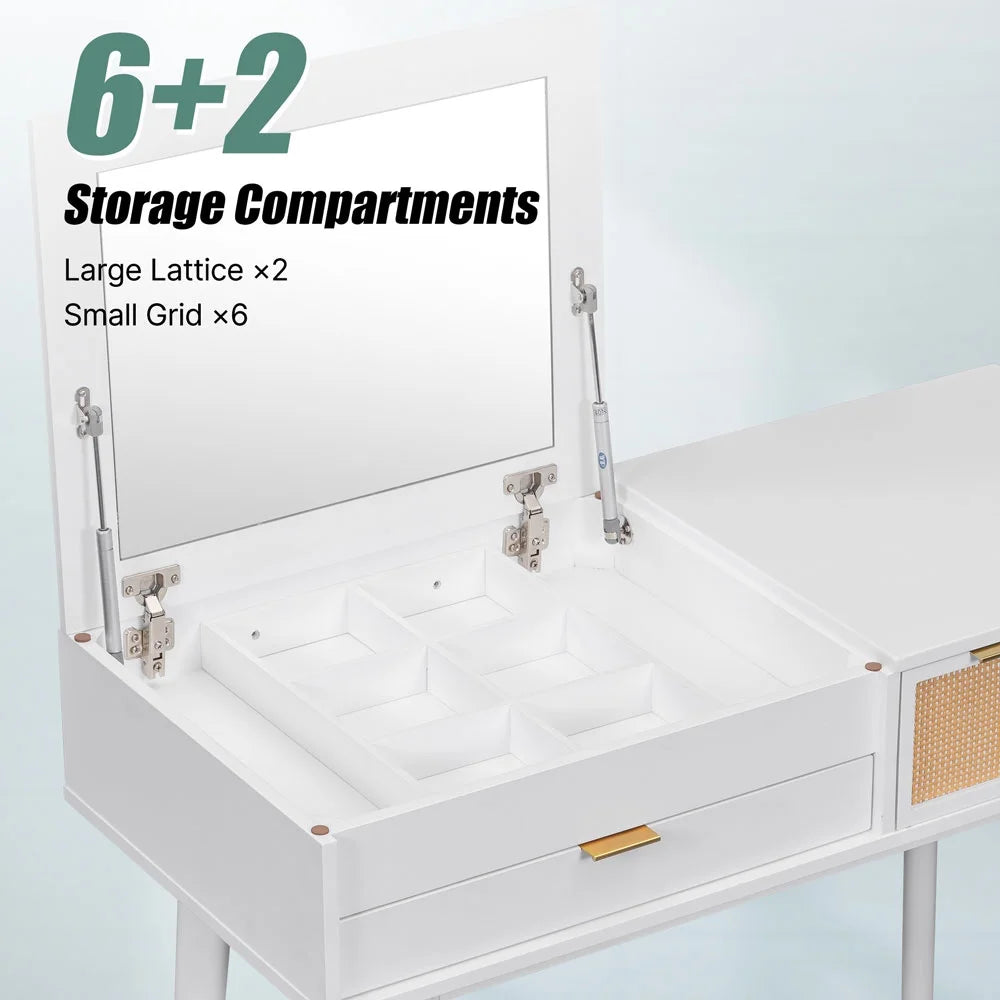 43.3" Wood Makeup Vanity Set with Flip-top Mirror and Stool O633355